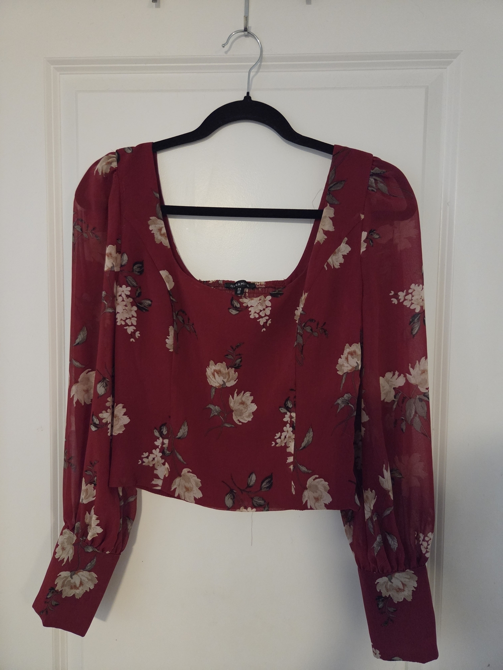Dynamite Burgundy Floral Square-Neck Long-Sleeve Crop Blouse